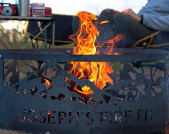 Custom Fire Pit Ring Mountain Theme, Camper Fire Pit, Metal Fire Ring, Birthday Gift, Heavy Duty Wood Fire, Metal Camp Bonfire, Gift for Men