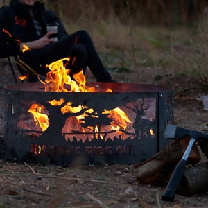 Personalized Fire Pit Ring, Anniversary Gift, Deers Design Fire Ring, Wildlife Scene Fire Pit, Metal Gift for Nature Lovers, Customized Ring
