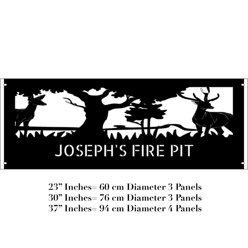 Puede incluir: Pantalla de chimenea de metal negro con una silueta de dos ciervos en una escena de bosque. El texto "JOSEPH'S FIRE PIT" est&aacute; debajo de la imagen. La pantalla est&aacute; disponible en tres tama&ntilde;os: 23 pulgadas (60 cm), 30 pulgadas (76 cm) y 37 pulgadas (94 cm).