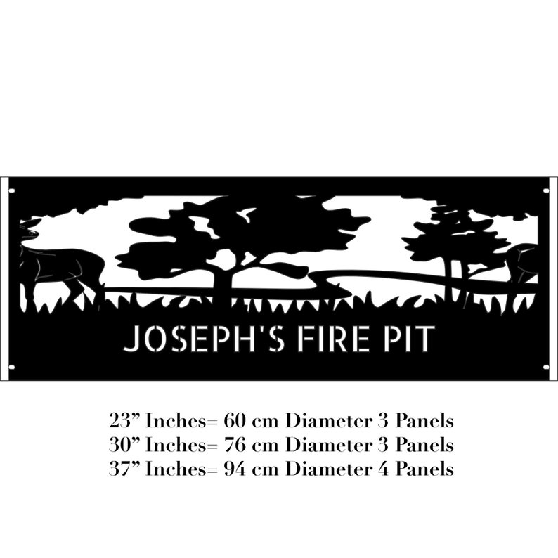 Puede incluir: Pantalla de chimenea de metal negro con una silueta de un ciervo y &aacute;rboles. La pantalla tiene el texto "JOSEPH'S FIRE PIT" y las siguientes dimensiones: 23 pulgadas = 60 cm, 30 pulgadas = 76 cm y 37 pulgadas = 94 cm.