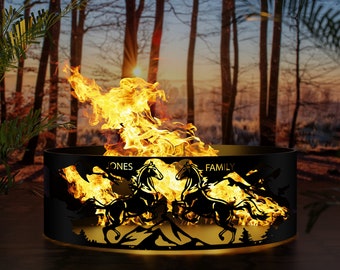 May include: A black metal fire pit with a cut-out design of two horses running through a mountain scene. The fire pit is lit and the flames are visible. The words "JONES FAMILY" are cut out on the sides of the fire pit.