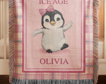 Personalized Woven IVF Penguin Baby Blanket | Custom Name IVF Baby Shower Gift | Newborn Nursery Blanket