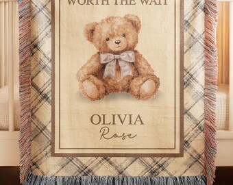 Personalized Woven Teddy Bear Baby Blanket | Custom Name Baby Shower Gift | Newborn Nursery Infertilty Journey Throw