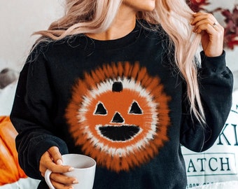 Tie Dye Effect Jack-o-lantern Halloween Sweatshirt, Fall Autumn Pumpkin Sweatshirt, Cute Spooky Season Halloween Crewneck Bleached effect