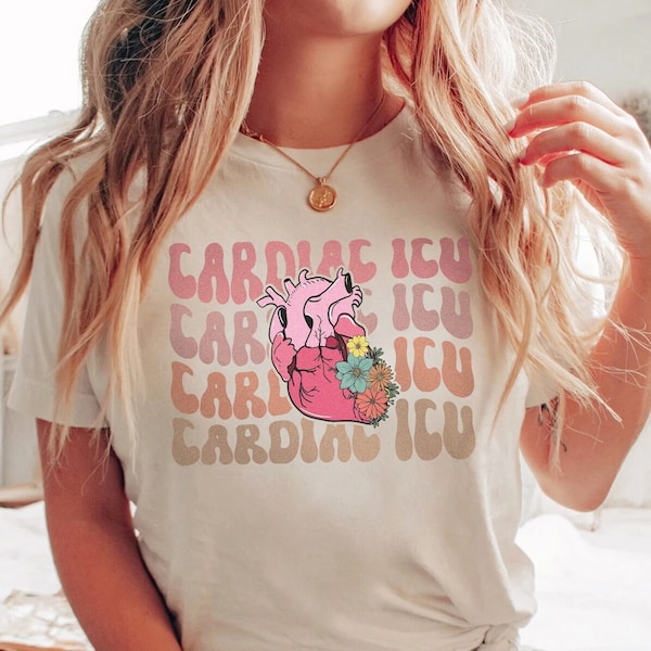Retro Cardiac ICU Nurse Shirt, CVICU CICU T-Shirt, Floral Anatomical Heart Tshirt, Icu Tech Aid Shirt, Cardiovascular Icu Rn t-shirt Gift