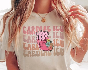 Retro Cardiac ICU Nurse Shirt, CVICU CICU T-Shirt, Floral Anatomical Heart Tshirt, Icu Tech Aid Shirt, Cardiovascular Icu Rn t-shirt Gift