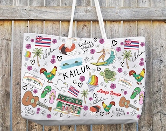Kailua Hawaii Oversized Weekender Tote Bag, Cute Hawaii Doodles Vacation Travel Bag, Hawaii Beach Bag Hawaii Lover Bachelorette wedding gift