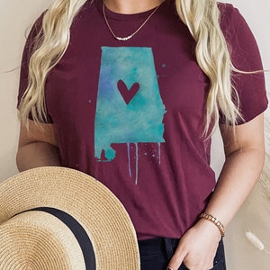 Alabama State T-Shirt, Watercolor design | Alabama Heart tee | Alabama Map Tshirt | State Pride Graphic Tee | Sweet Home Alabama