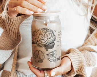 Neuro Anatomy Sipper 16 oz. Iced Coffee Cup, Neurology Glass Tumbler, Beer Can Glass with Bamboo Lid and Straw, Neuro ICU Nurse Cup Gift