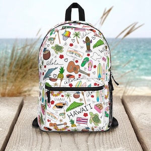 Hawaii Favorite Things Travel Backpack | Cute Hawaiian Oahu Maui Waikiki Doodles Bag, Honu Whale Beach School Work Back Pack Bag Gift