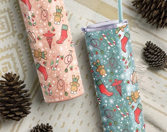 Nurse Christmas Insulated Glitter Skinny Tumbler with Straw - 20 oz, Christmas Gift for Nurses, Festive Holiday Secret Santa Cup Mug Present