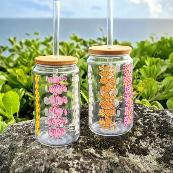 Hawaiian Lei Flower Garland Iced Coffee Glass Can, Pikake Puakenikeni Flower Sipper Glass with Bamboo Lid, Aloha Hawaii Gift