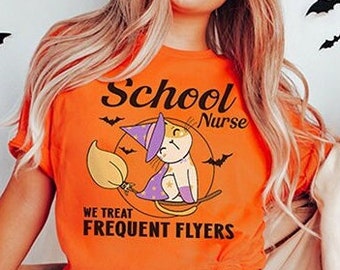 Halloween School Nurse Shirt - Frequent Fliers, Halloween Witch Nursing Rn T-Shirt, Spooky Fall Autumn TShirt, Elementary High School Nurse