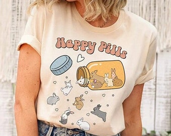 Bunnies T-Shirt, Cute Bunny Happy Pills Medicine Shirt, Rabbit Lover Shirt, Bunny Mama Shirt, Easter Day Gift For Bunny Lover Tee