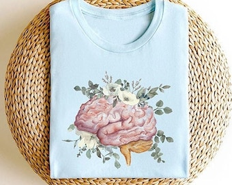 Watercolor Floral Anatomical Brain T Shirt, Womens Human Brain Graphic Tee, Neuro ICU Nurse Tshirt, Neurologist Surgeon Doctor Gift