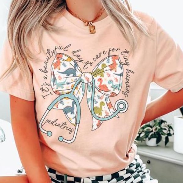 Pediatric Nurse Bow T-Shirt, Dinosaur Stethoscope Bow Shirt, Peds RN Coquette Tee, Nurses Week Gifts for Nurses, PICU Nurse, Peds RN