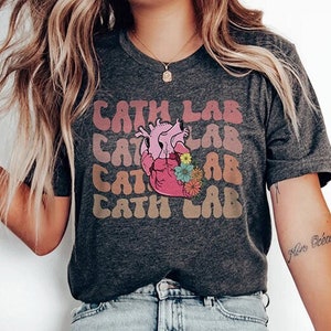 Retro Cath Lab Nurse Shirt, Cardiac Catheterization T-Shirt, Floral Anatomical Heart Tshirt, Cath Lab Tech Aid RN Tee Gift