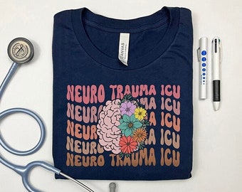 Retro Neuro Trauma ICU Nurse Shirt, NTICU Rn T-Shirt, Floral Brain Tshirt, Neurological ICU Tech Aid Unit shirt, Nticu Crew t-shirt gift