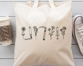 Minimalist Anesthesia Tote Bag, Boho CRNA Crewneck Reusable Bag, Wildflowers Vet TechNurse Anesthetist Anesthesiologist Graduation Gift