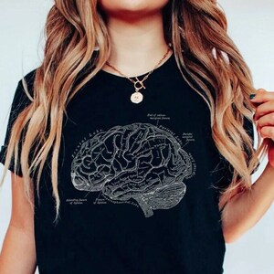 May include: Black t-shirt with a white graphic of a human brain with labeled anatomical parts. The brain graphic is a vintage style illustration.