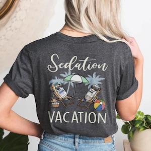 Sedation Vacation ICU Nurse Design on Back T-Shirt Minimalist Left Chest Summer Vacation Micu Sicu RN Gift Funny Nursing Squad Nurses Week