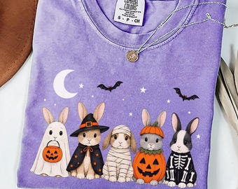 Bunnies in Halloween Costumes Shirt, Comfort Colors Bunny Lover TShirt Funny Rabbit T-Shirt Cute Bun Lover Gift Spooky Tee