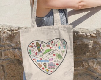 I Heart Waikiki, Hawaii Canvas Tote Bag, Hawaii Beach bag, Canvas Reusable Grocery Bag, Sustainable Shoulder Bag, Vacation Gift, Souvenir