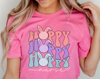 Camisa de Pascua de Enfermera Retro - Hoppy Nurse Rn Easter TShirt - Linda camiseta de primavera Groovy Bunny, camiseta de enfermera escolar, pediátrico Peds Picu Nicu Gift