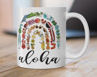 Hawaii Stuffs Rainbow Aloha Ceramic Mug, Oahu Maui Coffee mug Hawaii keepsake Souvenir Gift Hawaiian Hawaii Lover Birthday Thank you present