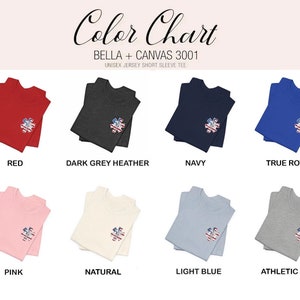 May include: Colour chart showing ten different t-shirt colours for Bella + Canvas 3001 unisex jersey short sleeve tee. The colours are red, dark grey heather, navy, true royal, pink, natural, light blue, athletic grey.