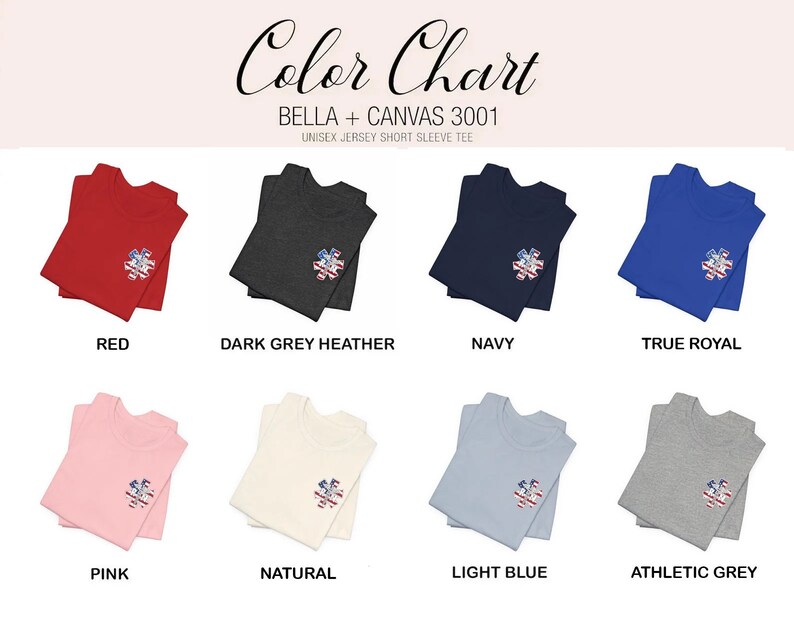 May include: Colour chart showing ten different t-shirt colours for Bella + Canvas 3001 unisex jersey short sleeve tee. The colours are red, dark grey heather, navy, true royal, pink, natural, light blue, athletic grey.