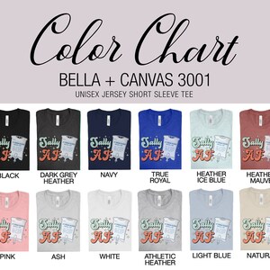 K&ouml;nnte beinhalten: Farbkarte mit verschiedenen Farben von Bella + Canvas 3001 Unisex-T-Shirts aus Jersey mit kurzen &Auml;rmeln. Die T-Shirts zeigen eine Grafik einer Infusionstasche mit dem Text "Sally AF". Die Farben umfassen Schwarz, Dunkelgrau meliert, Marineblau, Royalblau, Hellblau meliert, Mauve meliert, Rosa, Asche, Wei&szlig;, Athletikgrau meliert, Hellblau und Natur.