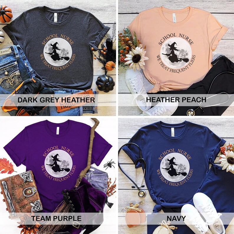 Camiseta de enfermera escolar de Halloween - Viajeros frecuentes, camiseta de enfermera de Halloween con bruja, camiseta de otoño espeluznante, enfermera de escuela primaria y secundaria imagen 5