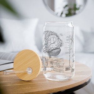 May include: A clear glass drinking bottle with a bamboo lid and a straw. The bottle has a black and white anatomical illustration of the brain and nervous system.