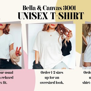 K&ouml;nnte beinhalten: Drei Models tragen ein wei&szlig;es Bella + Canvas 3001 Unisex-T-Shirt. Das erste Model tr&auml;gt das Shirt in einer lockeren Passform, das zweite Model tr&auml;gt das Shirt &uuml;bergr&ouml;&szlig;en und das dritte Model tr&auml;gt das Shirt als Shirtkleid.