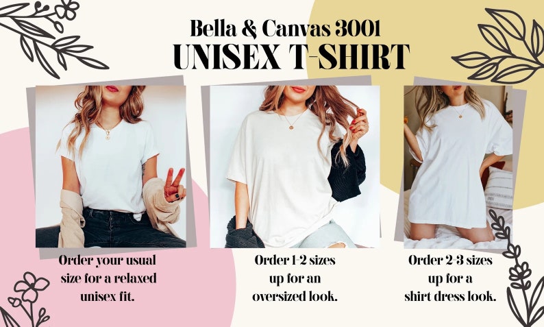 K&ouml;nnte beinhalten: Drei Models tragen ein wei&szlig;es Bella + Canvas 3001 Unisex-T-Shirt. Das erste Model tr&auml;gt das Shirt in einer lockeren Passform, das zweite Model tr&auml;gt das Shirt &uuml;bergr&ouml;&szlig;en und das dritte Model tr&auml;gt das Shirt als Shirtkleid.