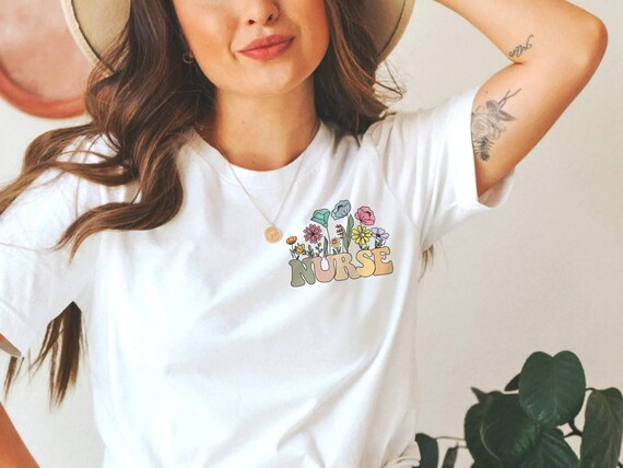 Wildflowers Nurse Shirt, Cute Nurse Left Chest Pocket Spring Tee, Floral Nurse Tshirt, Icu Er RN, LPN Flowers T-Shirt, Graduation Gift