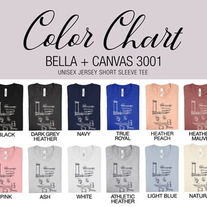 Peut inclure: Nuancier de couleurs montrant 11 couleurs de t-shirts diff&eacute;rentes offertes par Bella + Canvas 3001. Les couleurs sont : Noir, Gris fonc&eacute; chin&eacute;, Marine, Bleu royal, P&ecirc;che chin&eacute;, Mauve chin&eacute;, Rose, Cendre, Blanc, Gris chin&eacute; athl&eacute;tique, Bleu clair et Naturel.