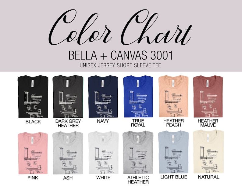 Peut inclure: Nuancier de couleurs montrant 11 couleurs de t-shirts diff&eacute;rentes offertes par Bella + Canvas 3001. Les couleurs sont : Noir, Gris fonc&eacute; chin&eacute;, Marine, Bleu royal, P&ecirc;che chin&eacute;, Mauve chin&eacute;, Rose, Cendre, Blanc, Gris chin&eacute; athl&eacute;tique, Bleu clair et Naturel.