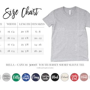 May include: Size chart for youth jersey short sleeve tee in sizes YS, YM, YL, and YXL.  The chart shows width and length measurements in inches.  The chart also shows the corresponding age range for each size.  The tee is available in a variety of colors, including white, athletic heather, kelly, true royal, navy, dark grey heather, black, natural, heather red, heather mauve, and pink.