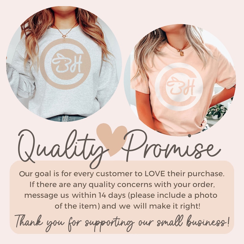 May include: Two women wearing t-shirts with a white circle logo featuring the text "उम" in a light brown color. The text "Quality Promise" is written in cursive with a pink heart symbol. The text below reads: "Our goal is for every customer to LOVE their purchase. If there are any quality concerns with your order, message us within 14 days (please include a photo of the item) and we will make it right! Thank you for supporting our small business!"