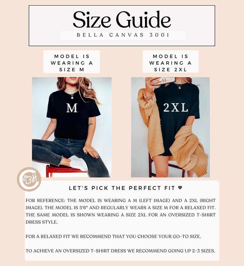 May include: Size guide for Bella Canvas 3001 t-shirts. Two models are shown wearing the same black t-shirt in different sizes: a size M and a size 2XL. The model wearing the size M is wearing jeans and the model wearing the size 2XL is wearing a brown cardigan. The text "Let's pick the perfect fit" is displayed below the images.