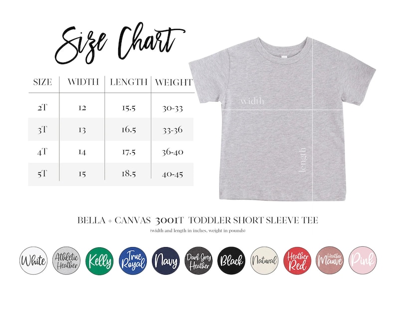 May include: Size chart for toddler short sleeve t-shirts from Bella + Canvas 3001T. The chart shows sizes 2T, 3T, 4T, and 5T with corresponding width, length, and weight measurements in inches and pounds. The chart is displayed on a white background with a gray t-shirt shown below.