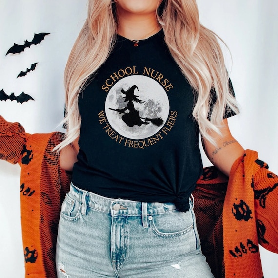 Halloween School Nurse Shirt - Frequent Fliers, Halloween Witch Nursing Rn T-Shirt, Spooky Fall Autumn TShirt, Elementary High School Nurse