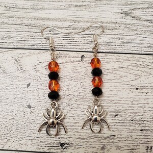 Silver Spider Earrings, Crystal Beads, Black and Orange, Long Dangle Earrings, Halloween Costume Accessories, 2.5&quot; long, for women or girls