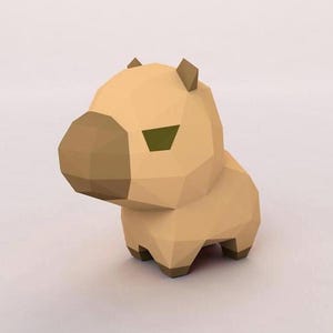 以下が含まれることがあります： 白の背景に、茶色の耳と目をしたベージュの折り紙のカピバラ。カピバラは座っています。