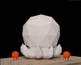 May include: A white geometric origami sculpture of an octopus with a round head and eight tentacles. The octopus is sitting on a wooden surface with two smaller orange origami spheres on either side.