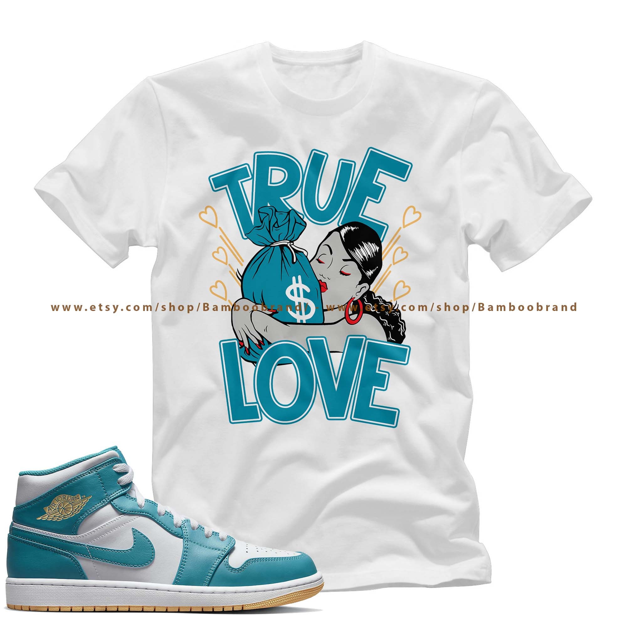 Jordan 1 Aquatone Shirt | Love Unisex T-shirt to Match Air Jordan 1 Retro Mid Aquatone Sneakers | AJ 1 Retro Mid Aquatone 1s Tee Outfit