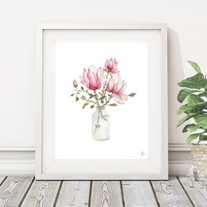 Impresión de flor de magnolia: pintura botánica en acuarela en jarrón
