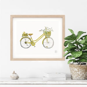 Impression aquarelle vélo vintage jaune : art mural cuisine